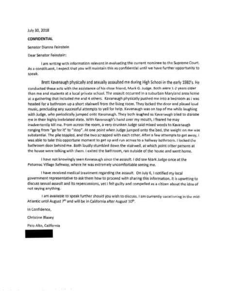 Christine Blasey letter to Feinstein
