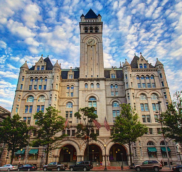 Old Post Office Building in Washington DC, 2012. In this year the GSA stated it would entertain 3rd party proposals for the property. 2013/Aug - A Trump LLC leased the property. 22 Months later in 2015/Jun, Trump announced his candidacy for the presidency. He was swore in in 2017/Jan. Making the lease validity open to interpretation.
