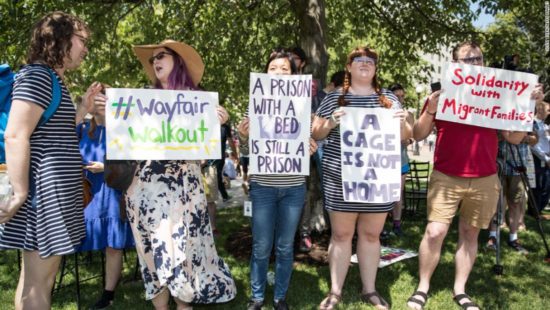 July 26, 2019, Wayfair employees in Boston walk off the job to protest the sale of beds to Baptist Church Family Services. The beds were slated to be used in border detention facilities. (a)