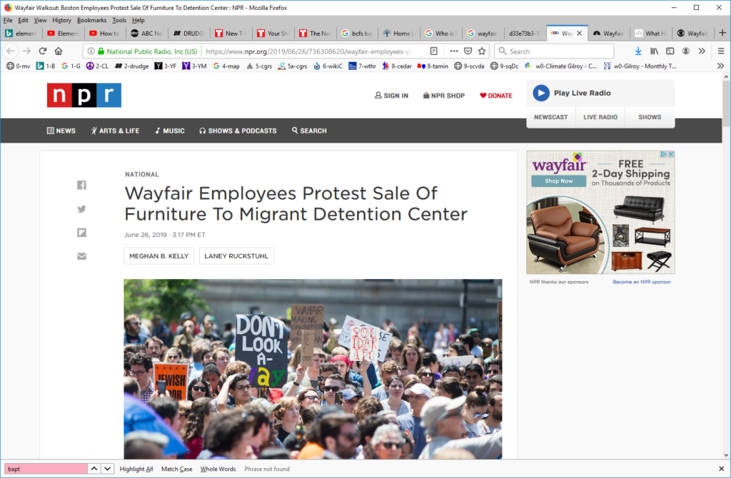 NPR web report on the Wayfair bed purchase incident, with a Wayfair ad on their page. Not a big deal, but odd? (d)