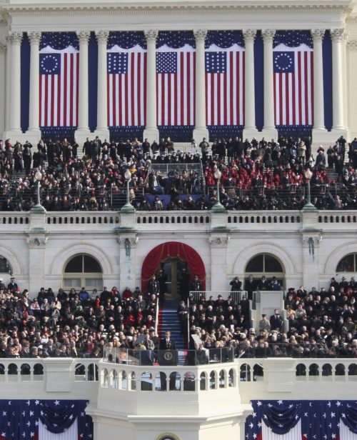 Two copies of the Betsy Ross flag are hung in the background of President Obama's 2nd inauguration in 2013.